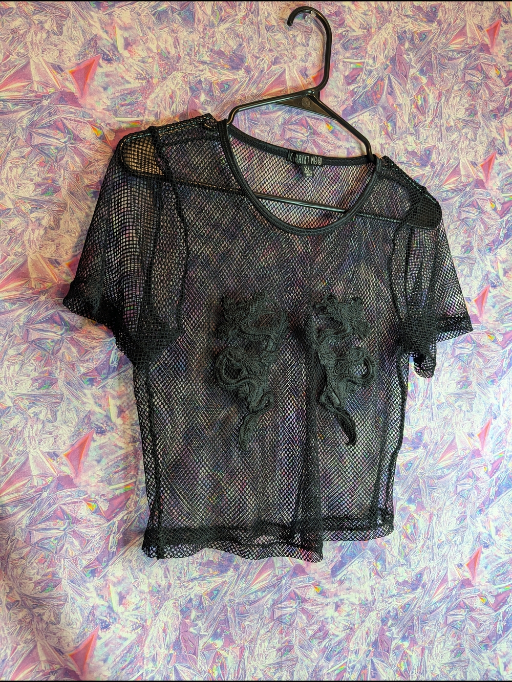 Current Mood Black Mesh Short-Sleeve Crop Top Size XL. No Holes Or Snags